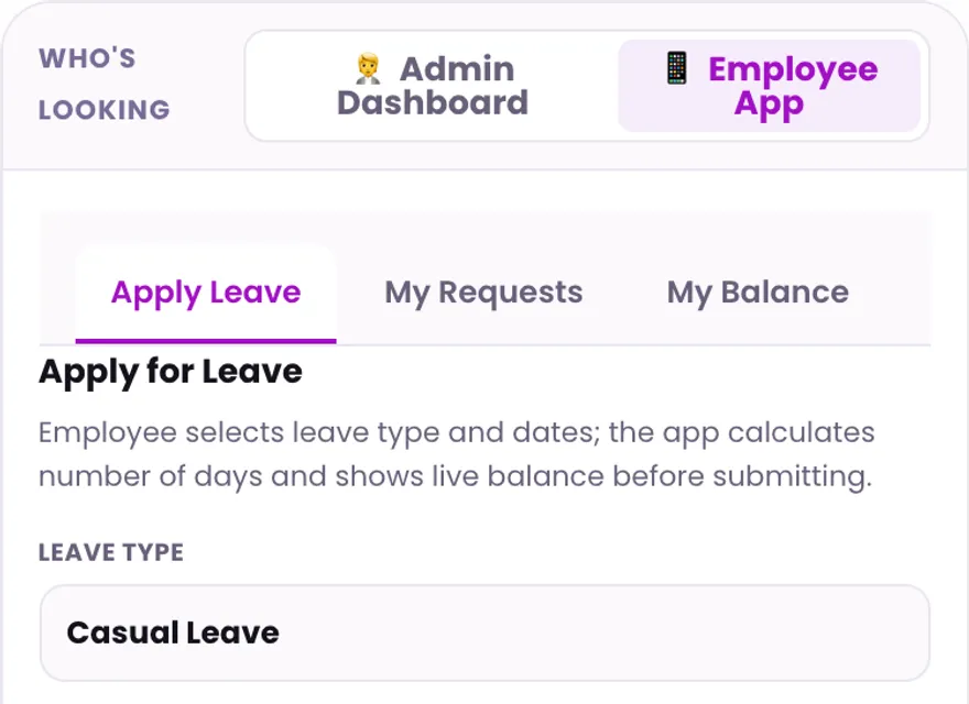 1Channel employee mobile app — Apply for Leave screen