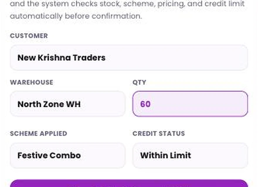 1Channel Mobile DMS App field view — In-App Order Booking screen