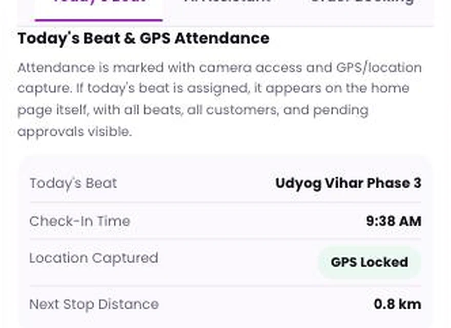 1Channel Mobile DMS App field view — Today's Beat and GPS Attendance screen