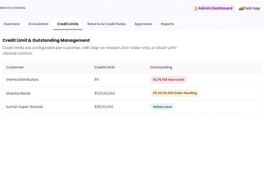 1Channel Payment and Credit Management admin dashboard — Credit Limits screen