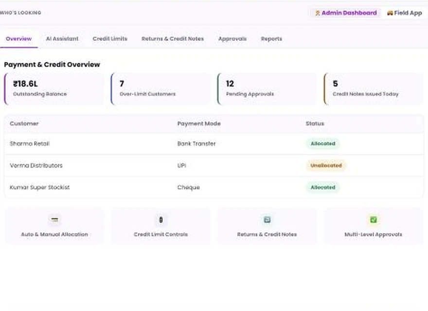 1Channel Payment and Credit Management admin dashboard — Overview screen