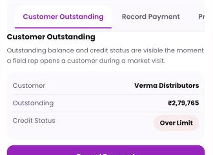 1Channel Field App mobile view — Customer Outstanding screen