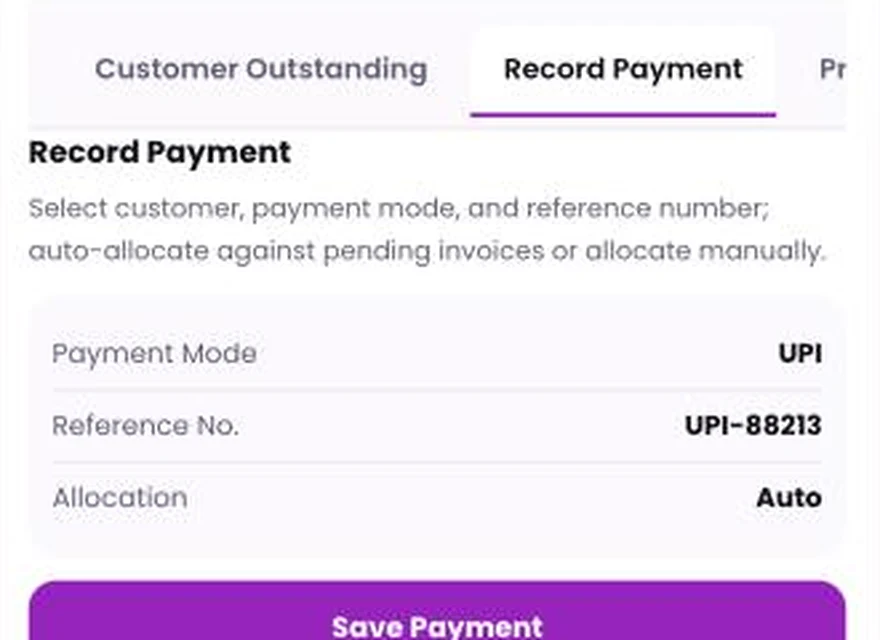 1Channel Field App mobile view — Record Payment screen