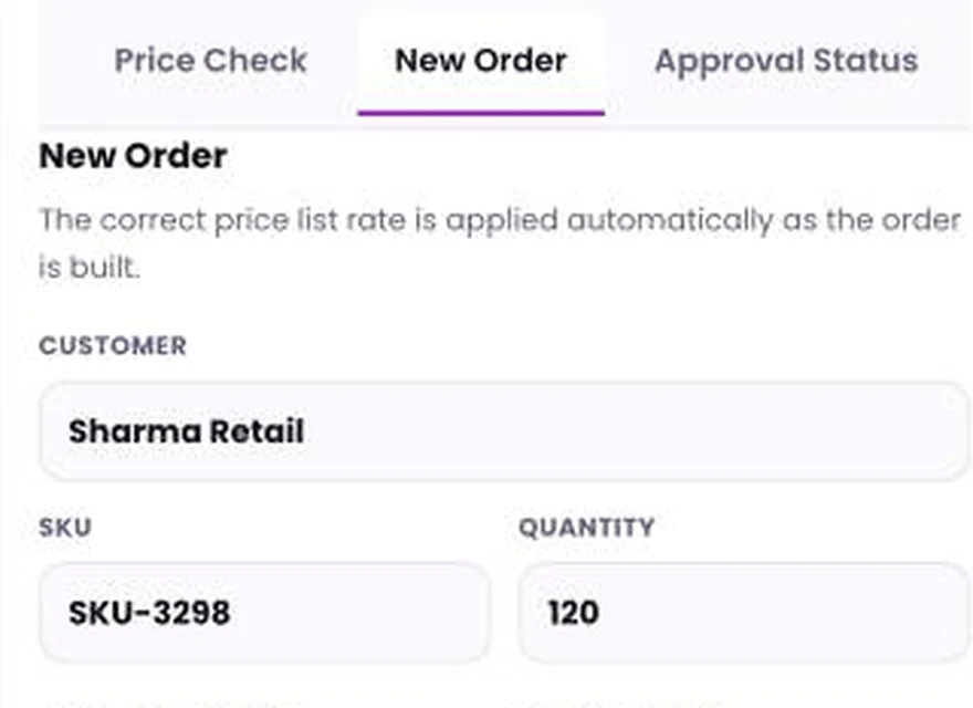 1Channel Field App mobile view — New Order screen