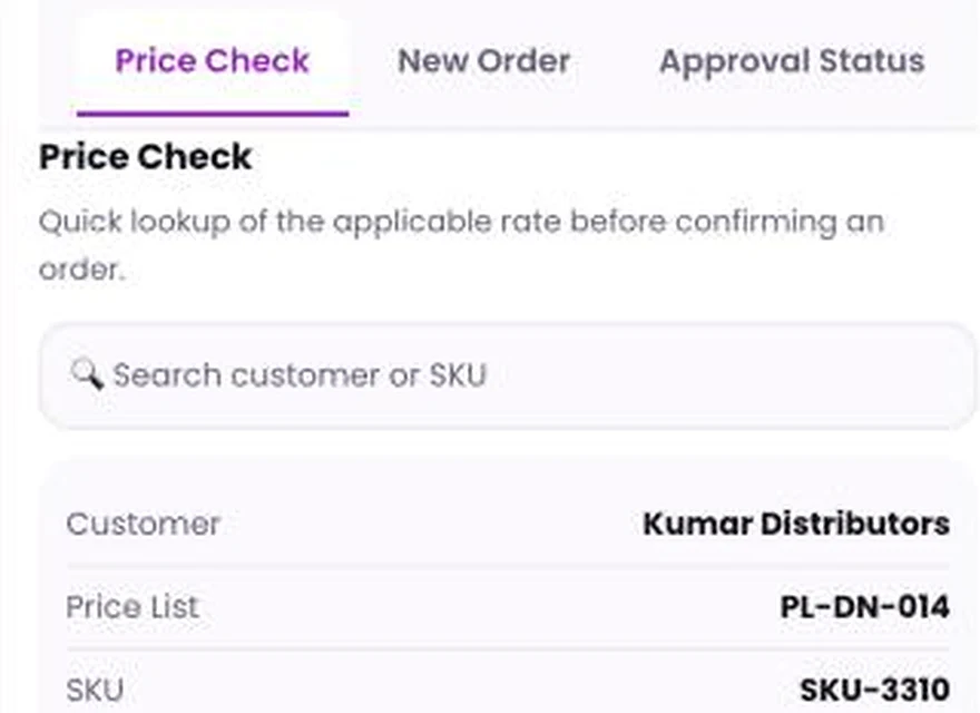 1Channel Field App mobile view — Price Check screen