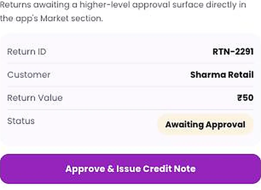1Channel Field App mobile view — Pending Return Approvals screen