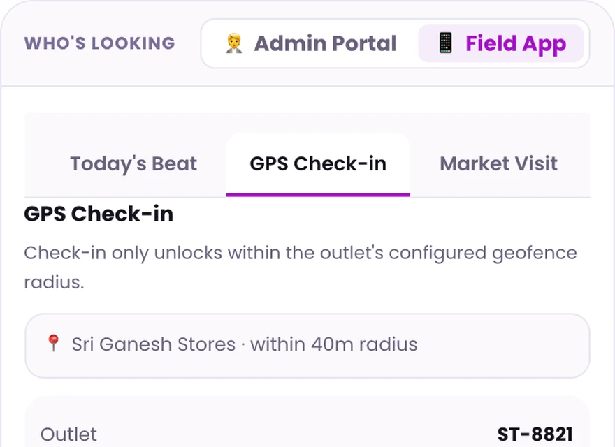 1Channel field app GPS check-in screen with geofence radius and photo requirement