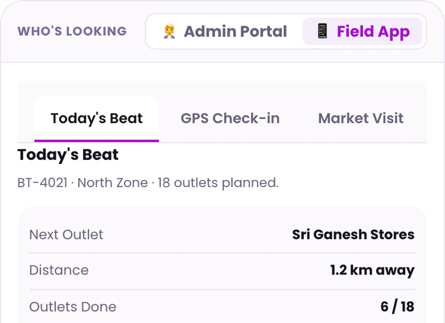 1Channel field app today's beat screen with next outlet, distance and outlets done
