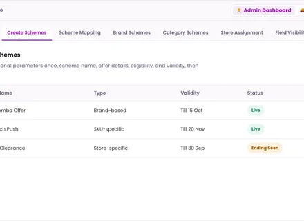 1Channel Sales Scheme Management admin dashboard — Create Schemes screen