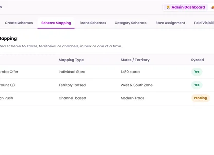 1Channel Sales Scheme Management admin dashboard — Scheme Mapping screen