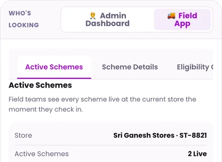 1Channel Field App mobile view — Active Schemes screen