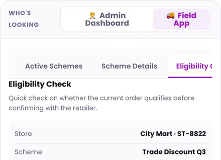 1Channel Field App mobile view — Eligibility Check screen