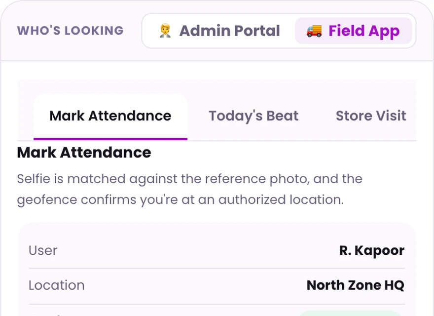 1Channel field app mark attendance screen with selfie and geofence validation