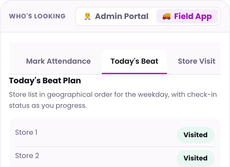 1Channel field app today's beat plan screen with store check-in status