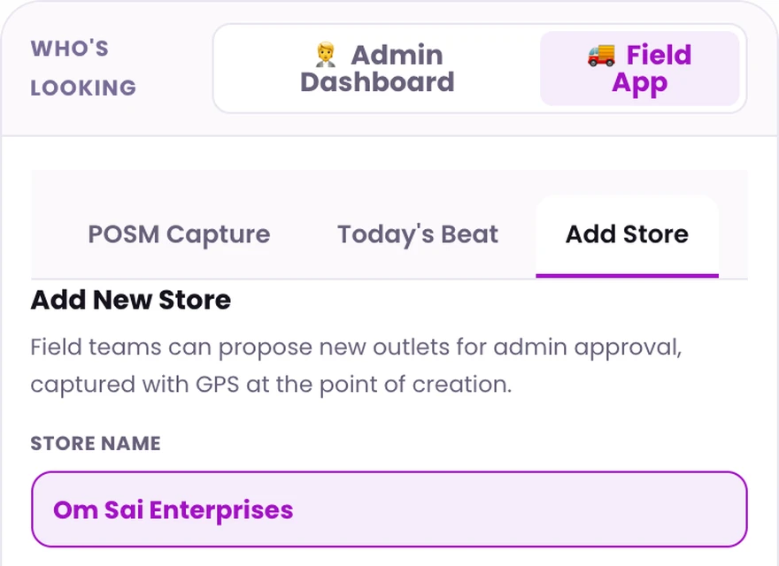 1Channel field app add new store screen with GPS-captured coordinates for admin approval