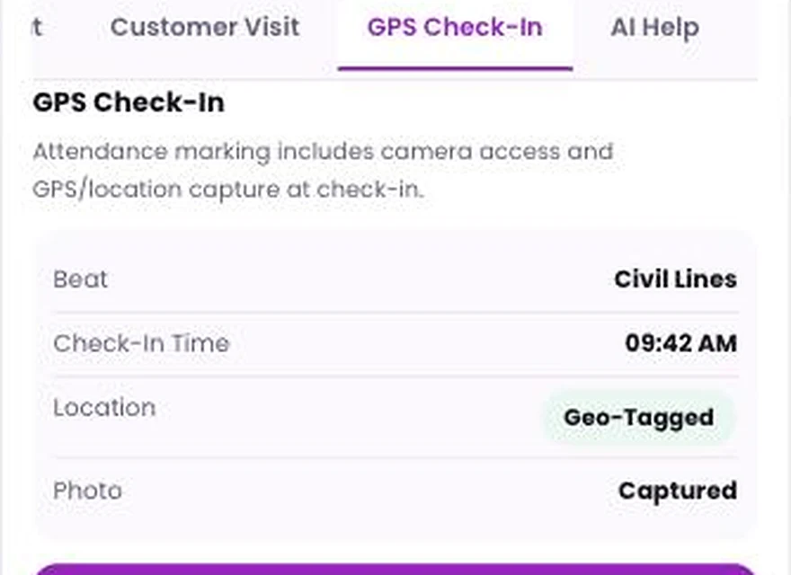 1Channel Field App mobile view — GPS Check-In screen