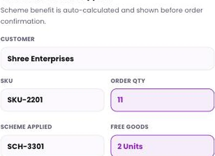 1Channel Field App mobile view — Order with Scheme Applied screen
