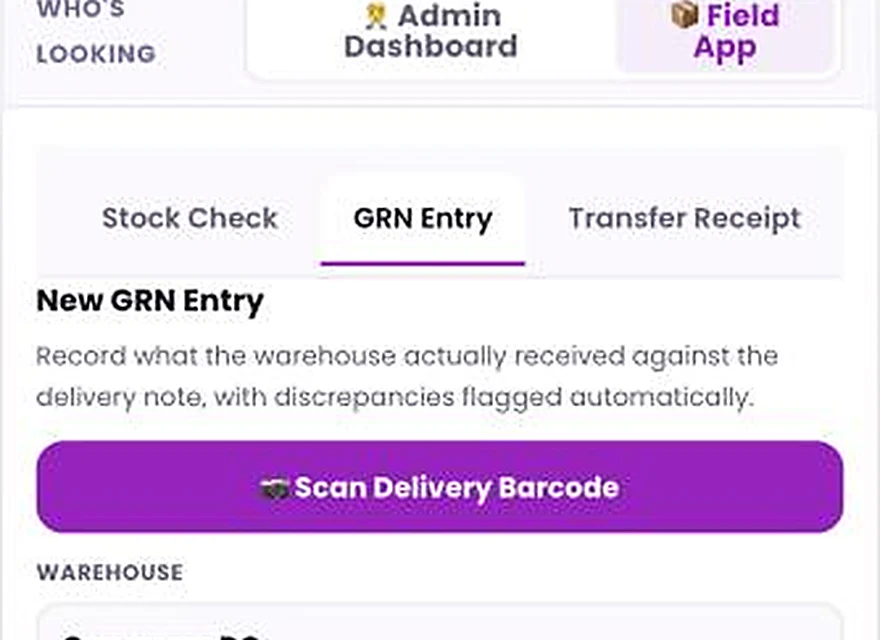 1Channel field app showing the New GRN Entry screen with warehouse, reference number, ordered and received quantity