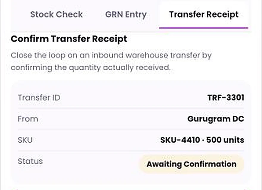 1Channel field app showing the Confirm Transfer Receipt screen with transfer ID, warehouse, SKU, and status
