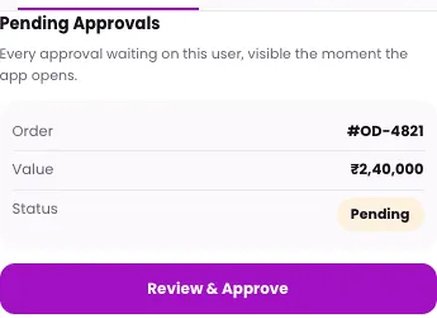 1Channel Field App mobile view — Pending Approvals screen