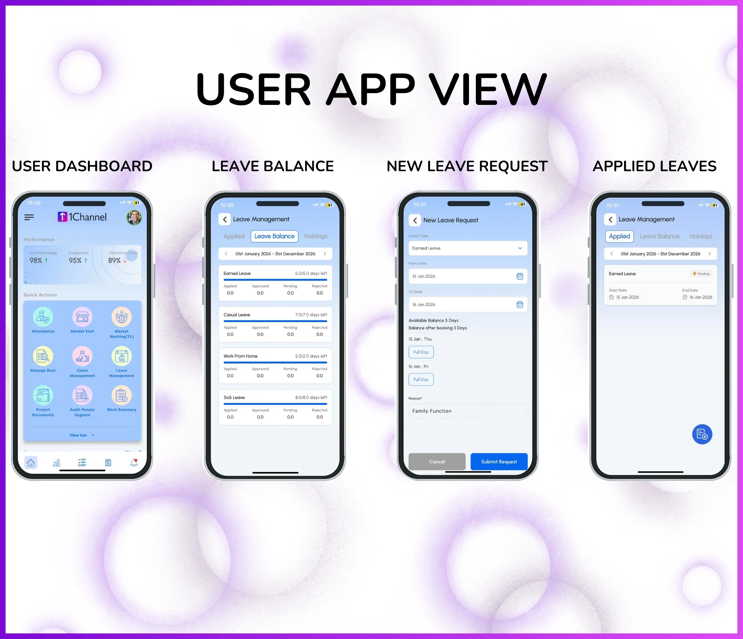 Leave management interface with approval workflow and balance tracking