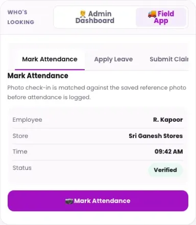1Channel Field App mobile view — Mark Attendance screen