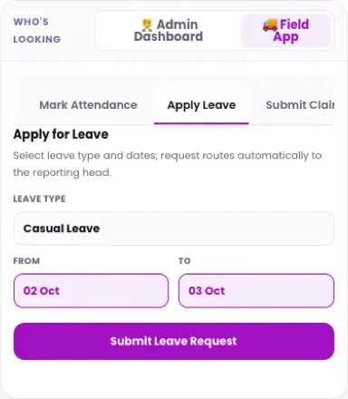 1Channel Field App mobile view — Apply for Leave screen